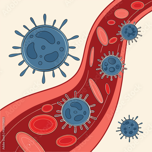 Microscopic view of virus cells spreading in the bloodstream generated by ai
