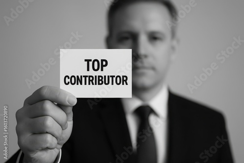 Man in suit holding card announcing top contributor status