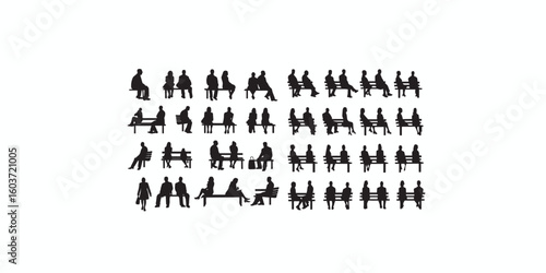 Print   silhouette of sitting people man woman, men women Vector silhouettes of men women, a group of sitting on a bench chair business people, profile, black color isolated on white background