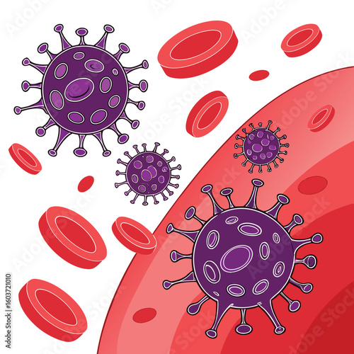 Microscopic view of virus cells spreading in the bloodstream generated by ai