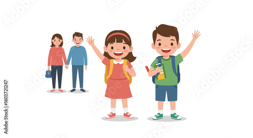 Cheerful cartoon family and schoolchildren waving goodbye ready for education.