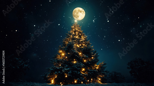 Glowing Christmas tree under full moon night sky magical festive winter holiday scene perfect for seasonal greeting backgrounds