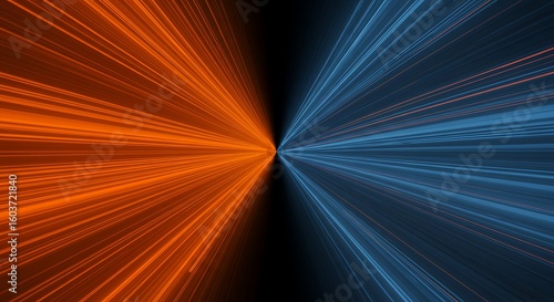 Abstract burst of orange and blue light rays converging towards a central point