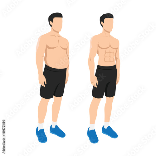 Before and After Fitness Transformation. Male Body Comparison Physical from overweight to fit. Flat vector illustration isolated on white background