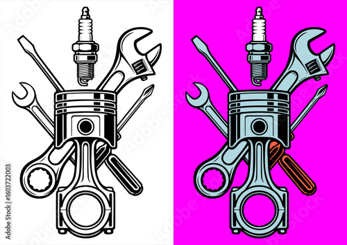 Mechanical Engine Tools Emblem Black White Line Art