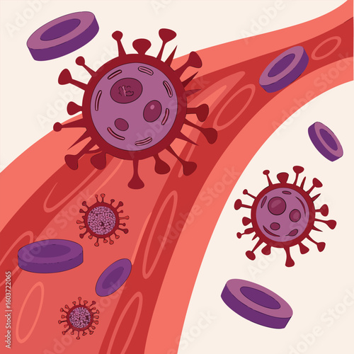 Microscopic view of virus cells spreading in the bloodstream generated by ai