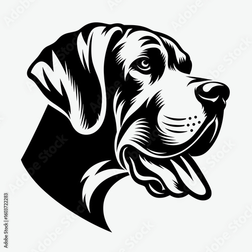 Great Dane Dog Whispering Secrets. Retro Cartoon Clipart Silhouette Stock Vector Line Art Illustration. Large canine breed calm command uncover behavior training guidance.