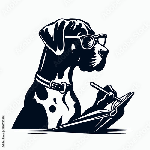 Great Dane Dog wear glasses writing notebook. Retro Cartoon Clipart Silhouette Stock Vector Line Art Illustration. Large hound animal in eyewear jotting pad for penning idea.