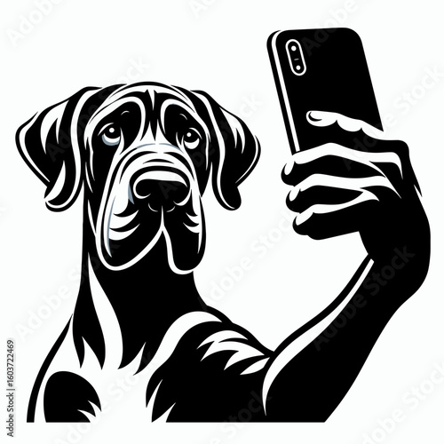 Great Dane Dog Taking a selfie. Retro Cartoon Clipart Silhouette Stock Vector Line Art Illustration. Large canine doing photo shoot breed takes picture portrait shot.
