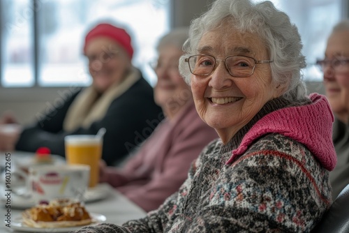 Group of cheerful senior residents enjoying breakfast together in a nursing home care center, fostering a sense of community and companionship among the elderly, Generative AI