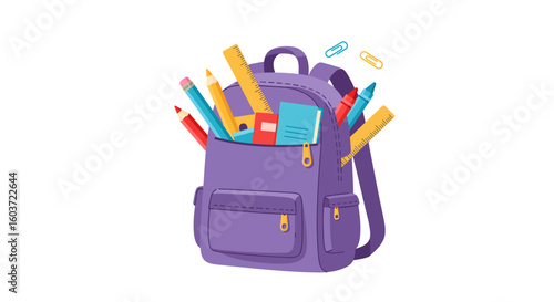Purple Backpack Filled with School Supplies Ready for Education.