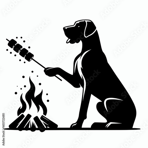 Great Dane Dog roasting marshmallows. Retro Cartoon Clipart Silhouette Stock Vector Line Art Illustration. Enormous canine enjoying treat over campfire flame outdoor relaxation.