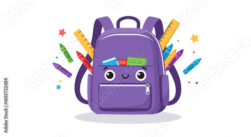 Smiling Backpack Filled with School Supplies and Colorful Crayons.