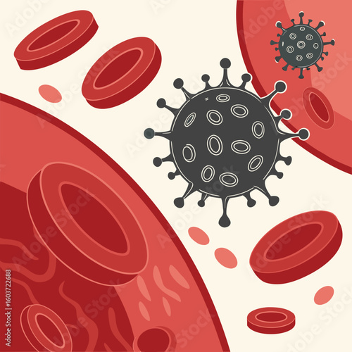 Microscopic view of virus cells spreading in the bloodstream generated by ai