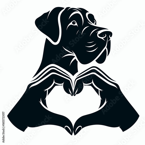 Great Dane Dog Making a heart shape with hands together. Retro Cartoon Clipart Silhouette Stock Vector Line Art Illustration. Giant hound creating romance symbol appendage embrace canine.