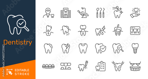 Dentistry thin line icon collection for oral care, dental health and medicine concept. Editable stroke. Pixel perfect.