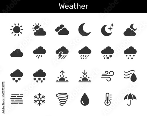Weather solid icon collection for climate, seasons and forecast concept