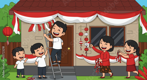 A family decorates their house with Indonesian flags and lanterns for a celebration.