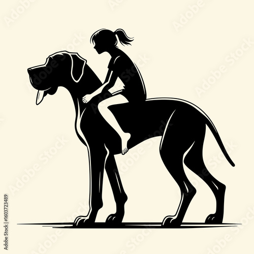 Great Dane Dog Giving a piggyback ride. Retro Cartoon Clipart Silhouette Stock Vector Line Art Illustration. Huge hound animal carrying child on back canine friend offering ride.