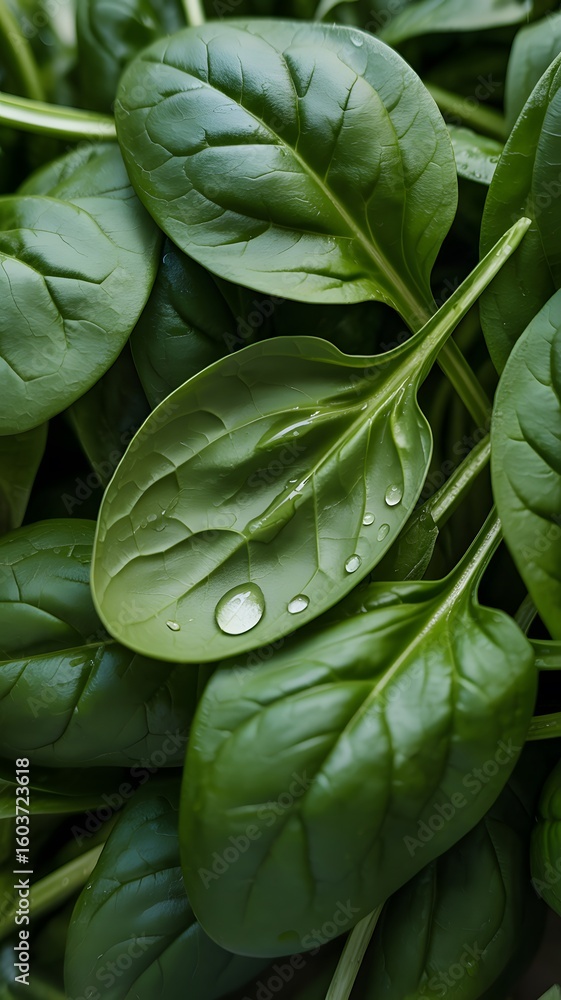 Fototapeta premium Fresh green spinach leaves with water droplets close up