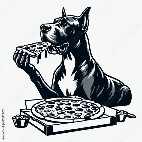 Great Dane Dog eat pizza. Retro Cartoon Clipart Silhouette Stock Vector Line Art Illustration. Large canine consuming flatbread a food choice for gentle giant breed.