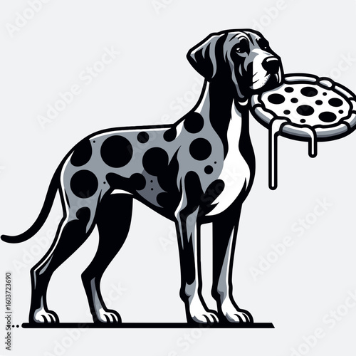 Great Dane Dog eat pizza. Retro Cartoon Clipart Silhouette Stock Vector Line Art Illustration. Giant hound chow down on flatbread a canine dietary selection question.