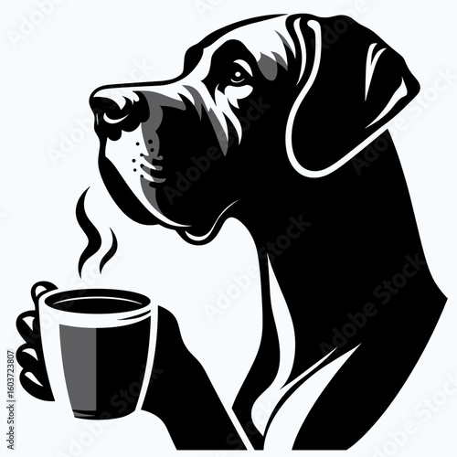 Great Dane Dog Drinking coffee. Retro Cartoon Clipart Silhouette Stock Vector Line Art Illustration. Huge hound savoring java beverage canine enjoys morning brew big pet.