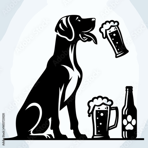 Great Dane Dog drink beer. Retro Cartoon Clipart Silhouette Stock Vector Line Art Illustration. Large canine ingesting brew a comical moment involving giant hound and ale.