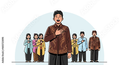 A group of people in traditional attire pledge allegiance with hand gestures.