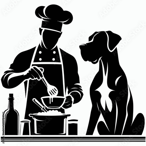 Great Dane Dog Cooking together. Retro Cartoon Clipart Silhouette Stock Vector Line Art Illustration. Jumbo canine helper preps grub in home kitchen chef activity.