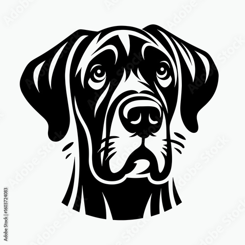 Great Dane Dog Cheek to Cheek. Retro Cartoon Clipart Silhouette Stock Vector Line Art Illustration. Gigantic hound face against face cozy canine closeness giant breed.