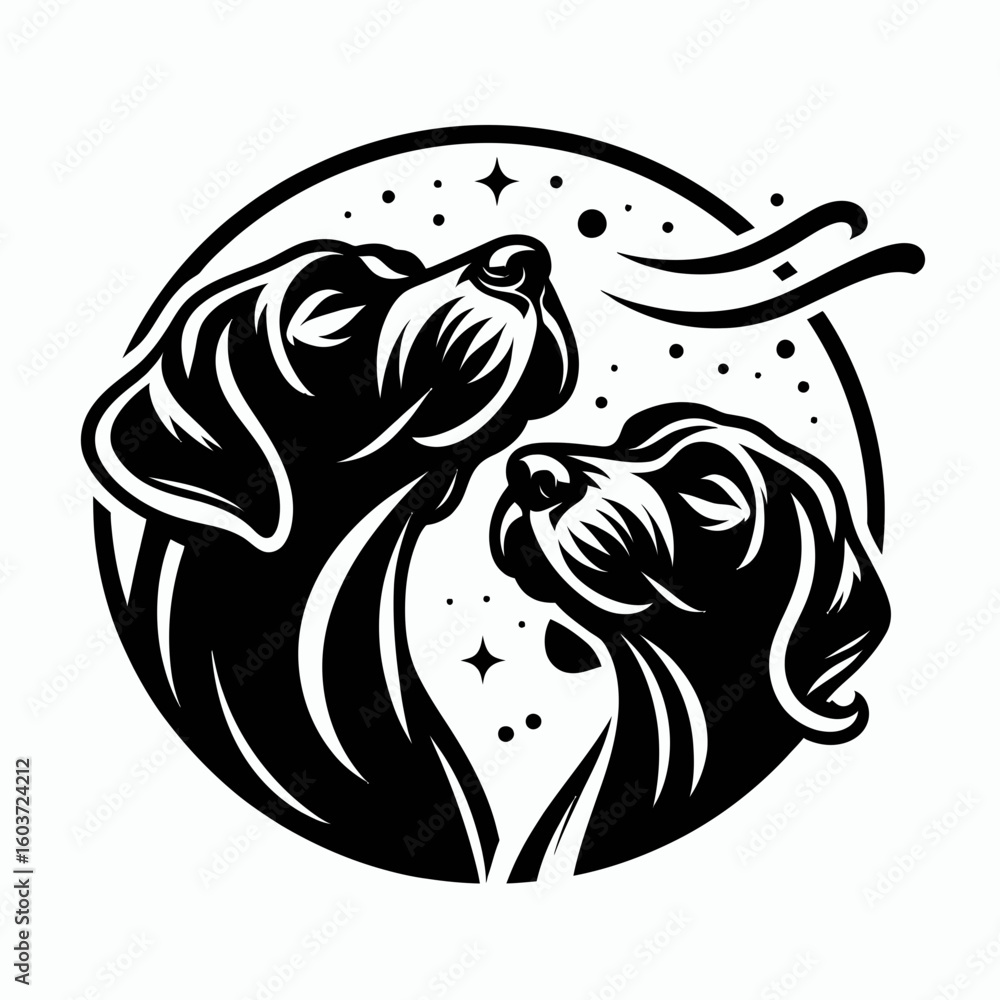 Obraz premium Great Dane Dog Blowing kisses to each other. Retro Cartoon Clipart Silhouette Stock Vector Line Art Illustration. Big canine sending affection another lovable pet doing a sweet gesture.