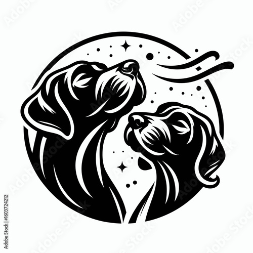 Great Dane Dog Blowing kisses to each other. Retro Cartoon Clipart Silhouette Stock Vector Line Art Illustration. Big canine sending affection another lovable pet doing a sweet gesture.