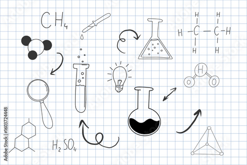 Chemistry research hand drawn sketch doodle line icons. Flasks and tubes back to school elements. Education science lab drawing.