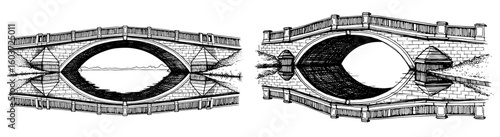 Bridges reflect over water, creating a symmetrical illusion. Architecture, reflection, travel, urban landscape, geometric design, bridge, crossing, perspective, concept.