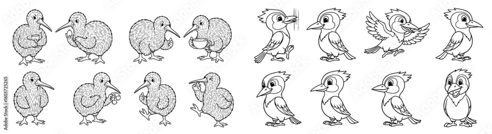 Naklejka premium Cartoon birds in different poses. Bird, kiwi, cute, characters, drawing, funny, comic, animals, illustration, mascot, graphic, design, outline.