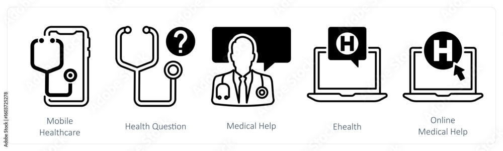 A set of 5 mix icons as mobile healthcare, health question, medical help A set of 5 mix icons as mobile healthcare, health question, medical help