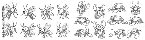 Cartoon mosquitoes and lobsters show expressions. Funny wildlife, insect and crustacean, marine life, humor, vector art, comic characters, education, biology.