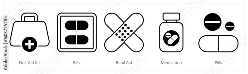 A set of 5 mix icons as first aid kit, pills, bandage