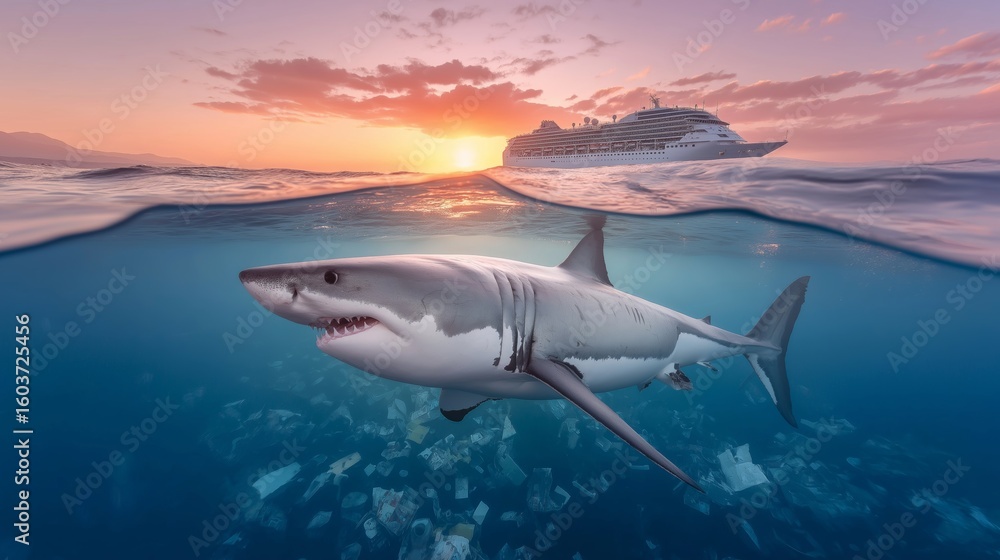 Fototapeta premium Great white shark swimming beneath sunset-lit cruise ship surrounded by drifting jellyfish in a dramatic open ocean wildlife encounter, Generative AI