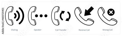 A set of 5 mix icons as dialing, speaker, call transfer