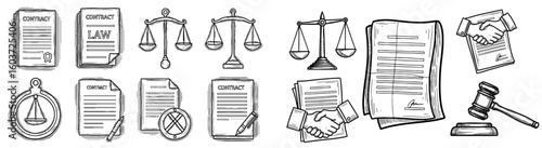 Law and justice concept with scales, contract. Legal documents, business, balance, court, judge, agreement, signature, documents, lawyer.