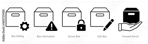 A set of 5 mix icons as box setting, box infomation, secure box