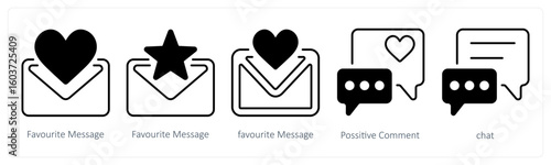 A set of 5 mix icons as favorite message, positive comment, chat