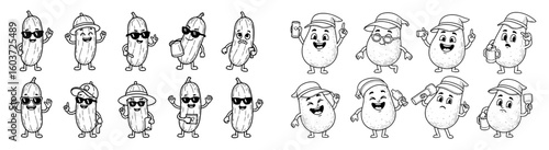 Cute cartoon cucumber and potato characters with accessories. Funny produce, vector illustration, mascot, food, healthy eating.