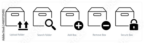 A set of 5 mix icons as upload folder, search folder, add box