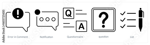 A set of 5 mix icons as error in comment, notification, questionnaire