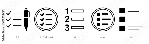 A set of 5 mix icons as list, list tickmark, index