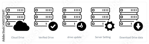 A set of 5 mix icons as cloud drive, verified drive, drive update
