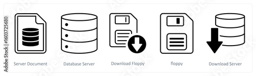 A set of 5 mix icons as server document, database server, download floppy